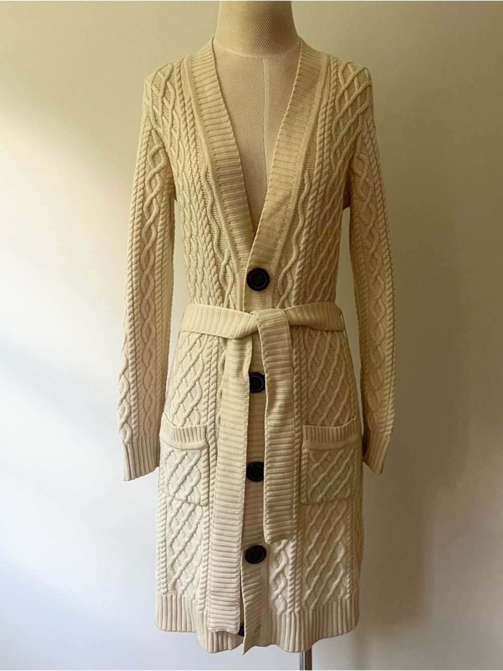 Vintage Banana Republic Cable Knit Merino Wool Duster Sweater Belted Cream Med